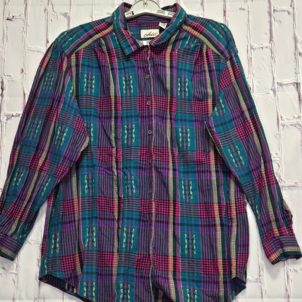 Vintage Chic Womens Plaid Southwestern Button Down Shirt‎ Pink Teal Cotton 42W